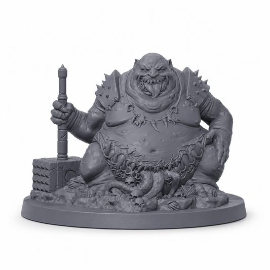 3D-printet Gluttony demonisk boss med enorm kropp, piggete rustning og gapende kjeft i grå PLA til D&D og tabletop-rollespill.