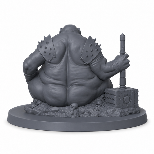 3D-printet Gluttony demonisk boss med enorm kropp, piggete rustning og gapende kjeft i grå PLA til D&D og tabletop-rollespill.