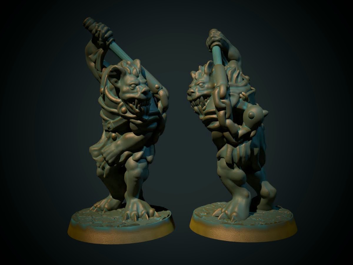 3D-printet gnoll med morgenstjerne i grå PLA til D&D og Pathfinder.