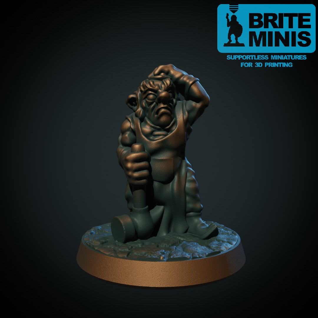 Gnome-arbeider II – 3D-printet miniatyr i grå PLA, umalt, til D&D og Pathfinder