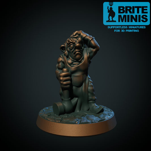 Gnome-arbeider II – 3D-printet miniatyr i grå PLA, umalt, til D&D og Pathfinder