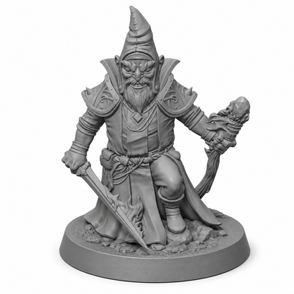 Tre gnomiske trollmenn med hver sin magiske spesialitet, 3D-printet D&D-miniatyrsett fra Spillsmia.