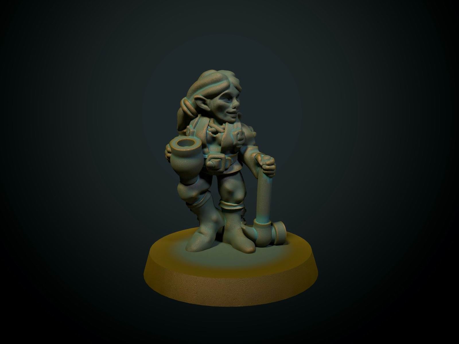 Kvinnelig gnom med hammer, 3D-printet D&D-miniatyr fra Spillsmia.