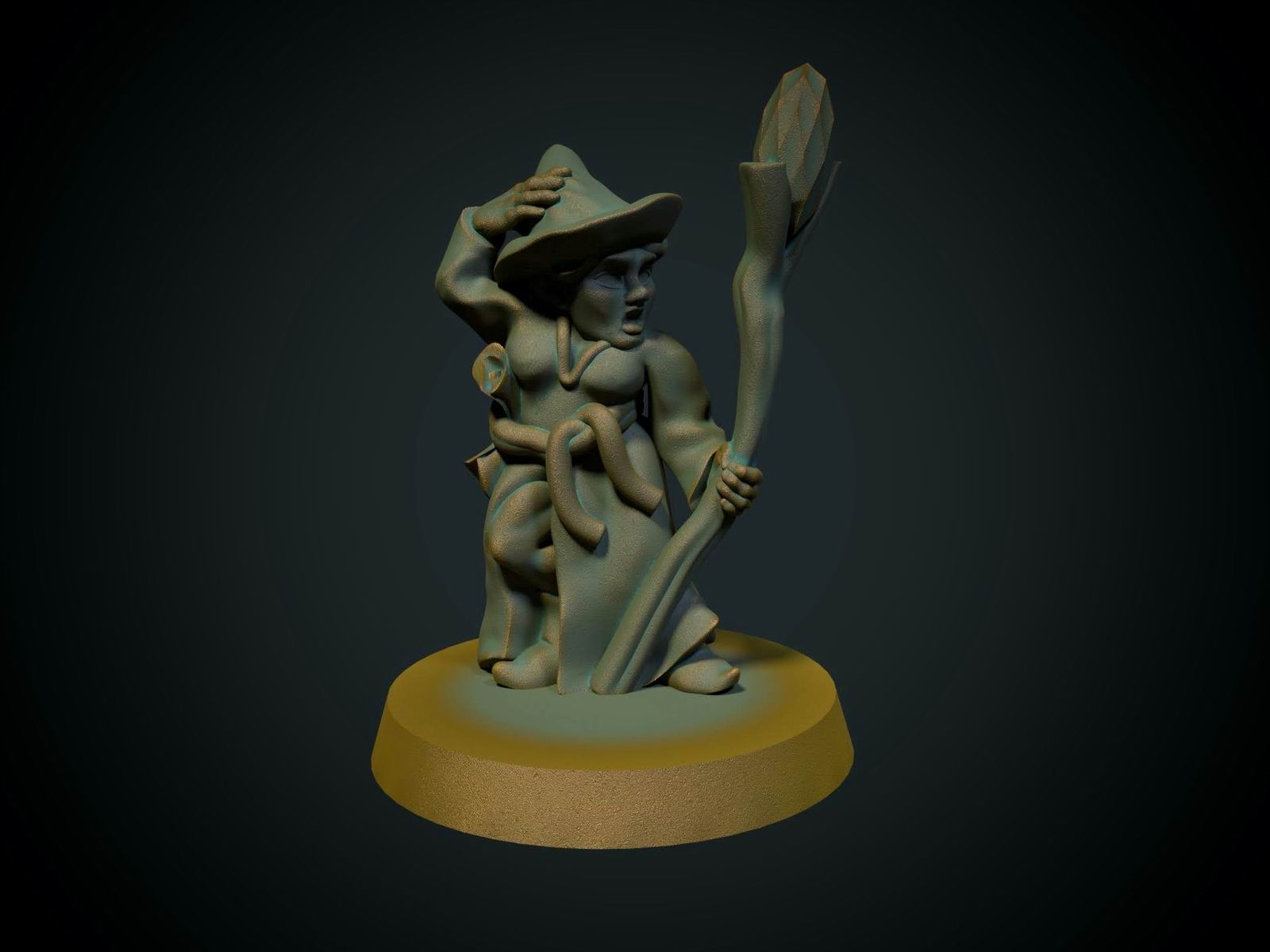 Kvinnelig gnommagiker, 3D-printet D&D-miniatyr fra Spillsmia.