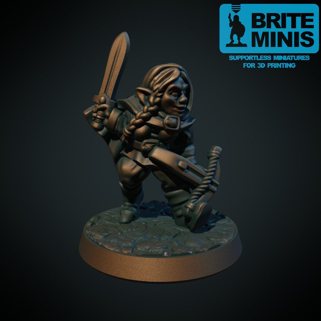 Gnome kvinnelig ranger – 3D-printet miniatyr i grå PLA, umalt, til D&D og Pathfinder