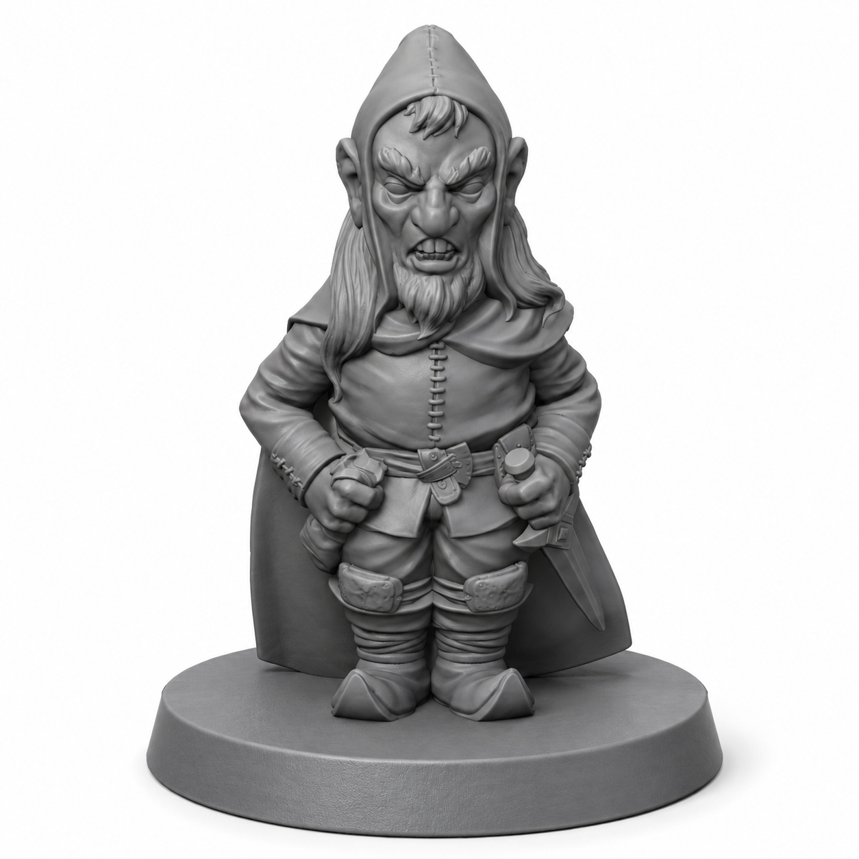 3D-printet Gnometyv II med hette, kappe og tyvaktig positur i grå PLA til D&D og tabletop-rollespill.