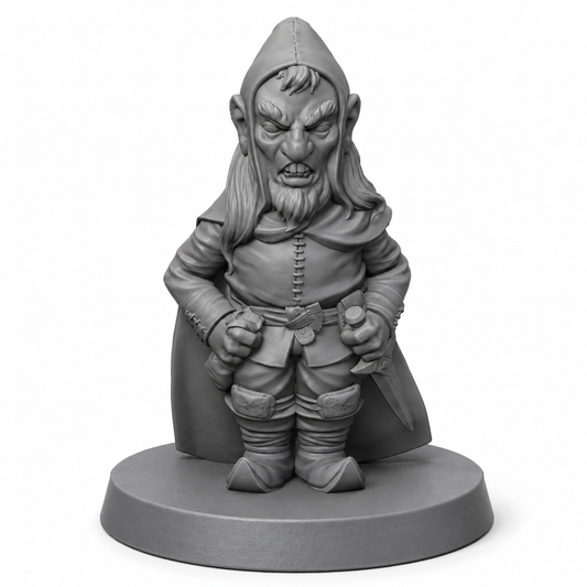 3D-printet Gnometyv II med hette, kappe og tyvaktig positur i grå PLA til D&D og tabletop-rollespill.
