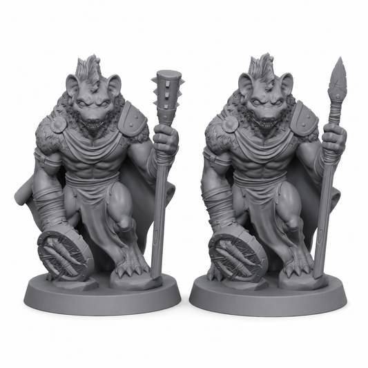 3D-printet Gnollkrigere miniatyrsett med to gnoller med skjold, spyd og piggklubbe i grå PLA til D&D og tabletop-rollespill.