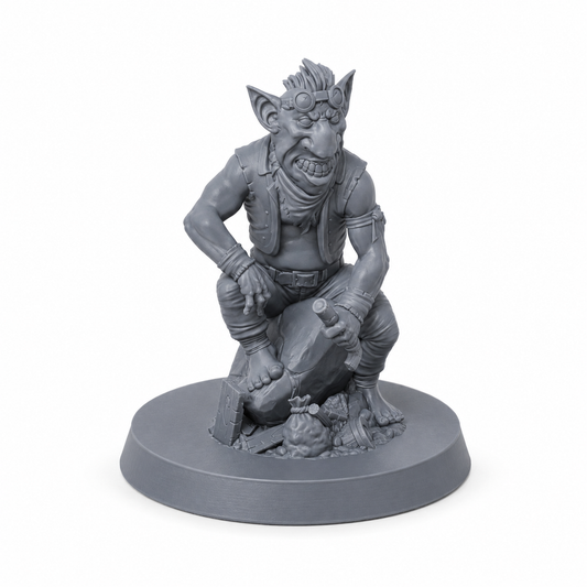 3D-printet Goblin-plyndrer I med skrotvåpen og briller i grå PLA til D&D og tabletop-rollespill.