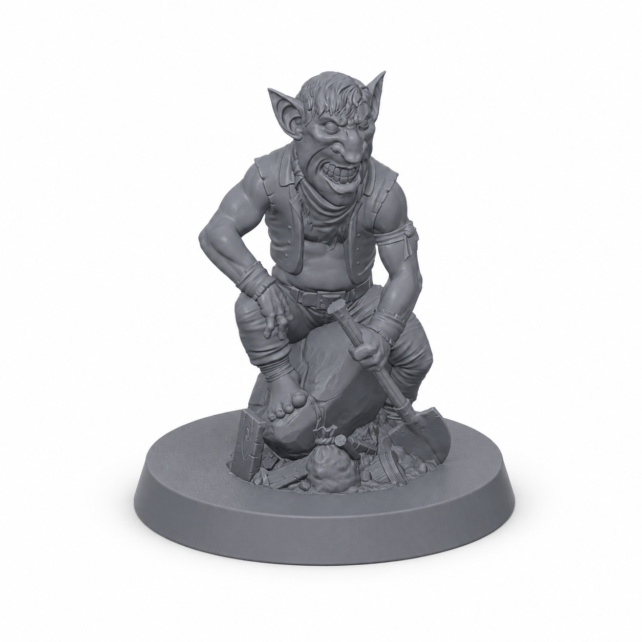 3D-printet Goblin-plyndrer II med improvisert våpen i grå PLA til D&D og tabletop-rollespill.