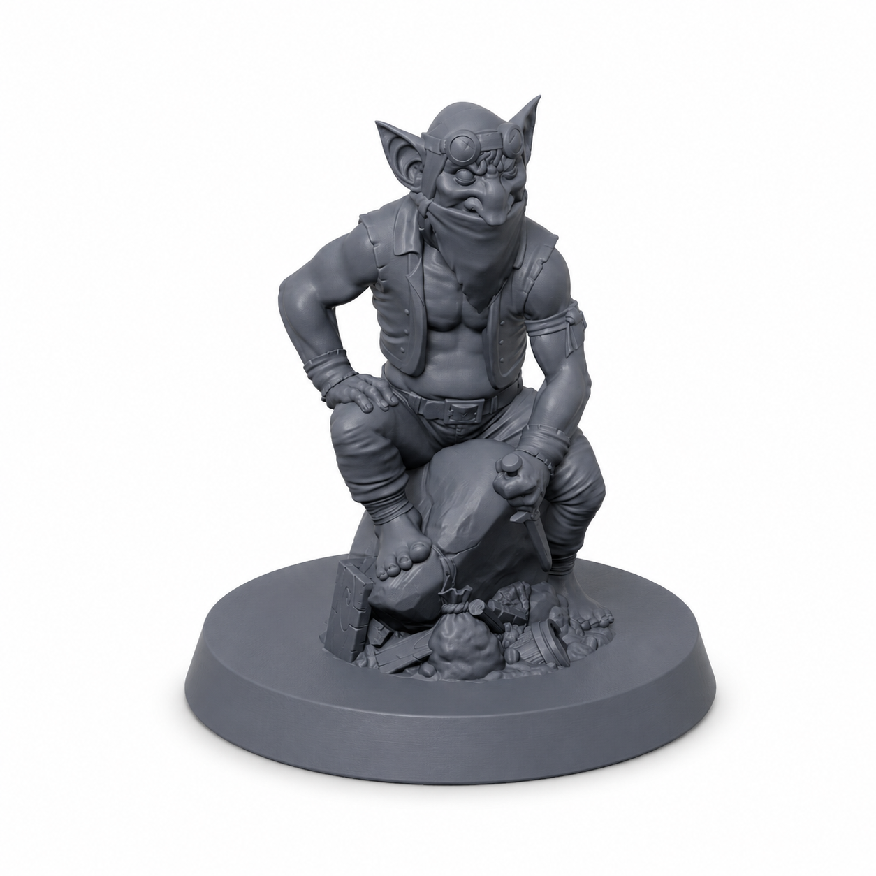 3D-printet Goblin-plyndrer III med briller og kort våpen i grå PLA til D&D og tabletop-rollespill.