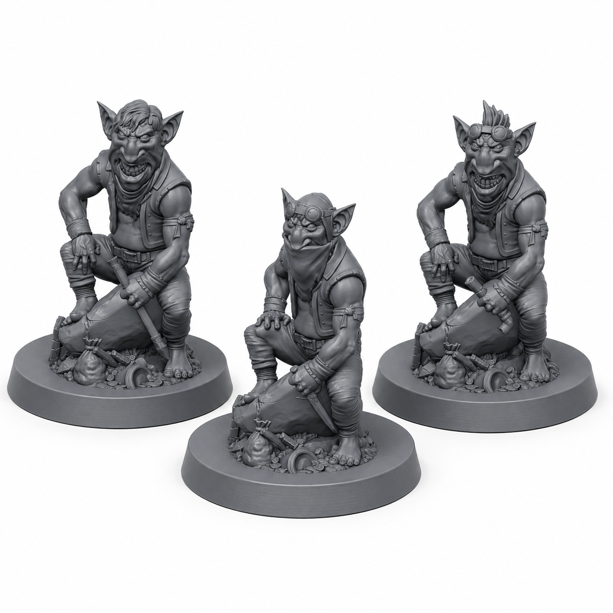 3D-printet Goblin-plyndrere miniatyrsett med tre gobliner i grå PLA til D&D og tabletop-rollespill.