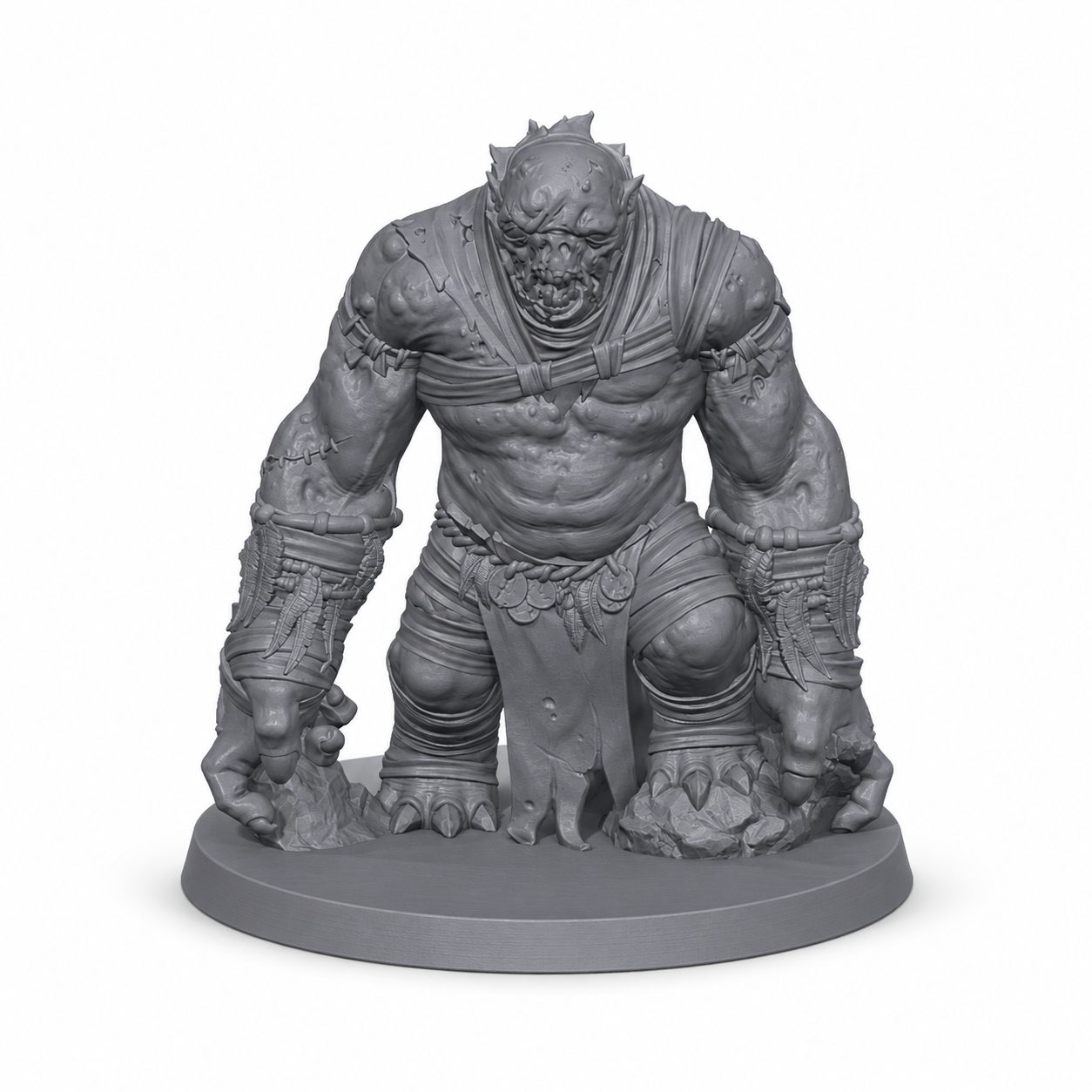 3D-printet Gravetroll med råtten kropp, store klør og undead-preg i grå PLA til D&D og tabletop-rollespill.