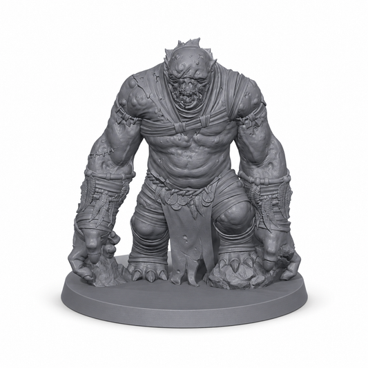3D-printet Gravetroll med råtten kropp, store klør og undead-preg i grå PLA til D&D og tabletop-rollespill.