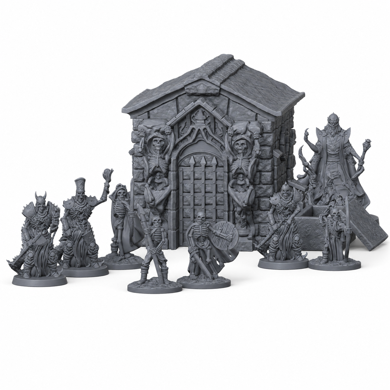3D-printet Gravkapellet encounter-sett med gravkapell, lich-lignende boss, undead-vakter, skjeletter og kiste i grå PLA til D&D og tabletop-rollespill.