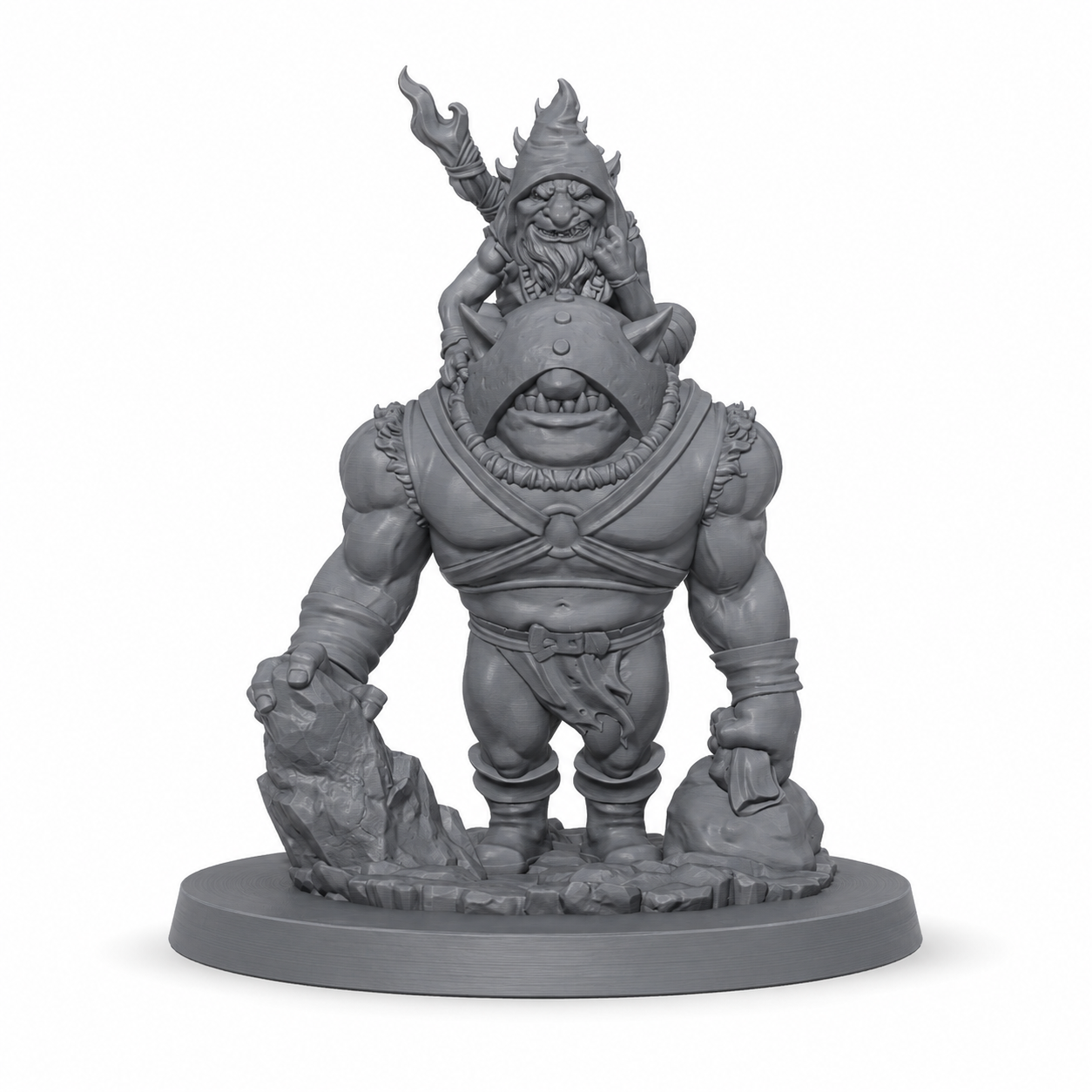 3D-printet Grokh & Gruk med ogre og goblin-følgesvenn i grå PLA til D&D og tabletop-rollespill.