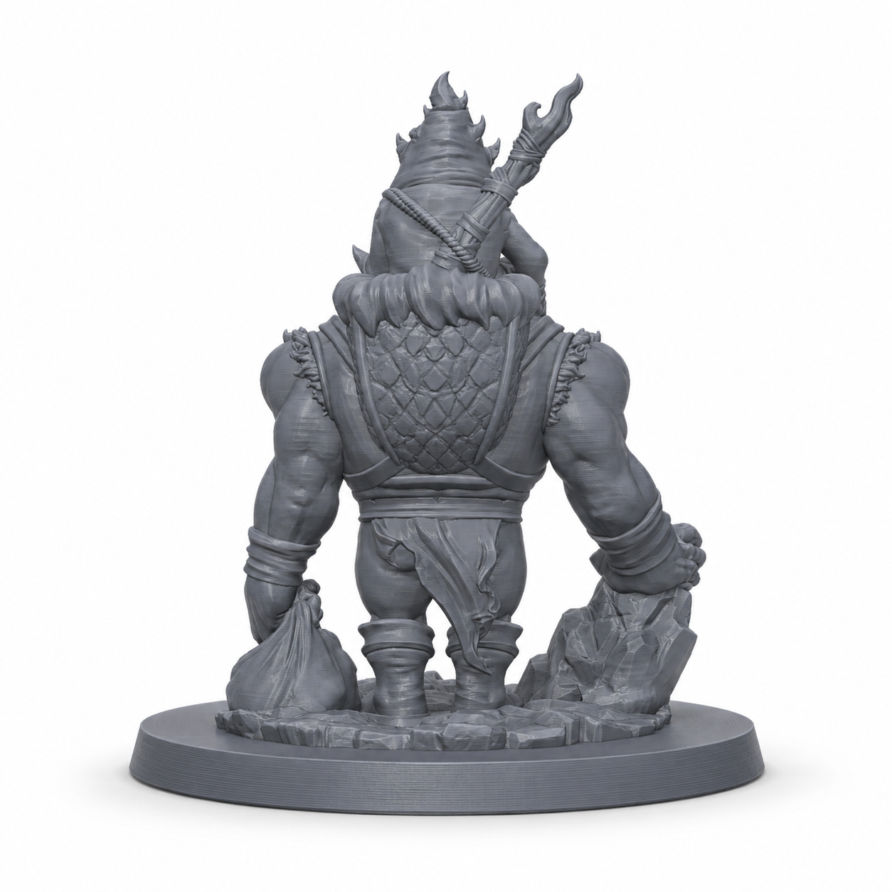 3D-printet Grokh & Gruk med ogre og goblin-følgesvenn i grå PLA til D&D og tabletop-rollespill.