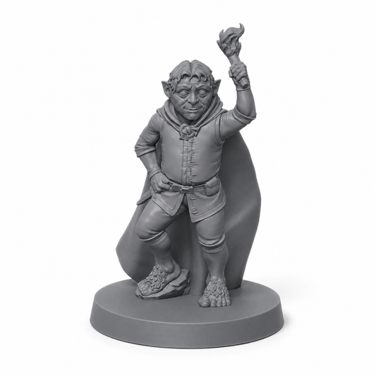 3D-printet Halflingutforsker II med kappe og løftet funn i grå PLA til D&D og tabletop-rollespill.