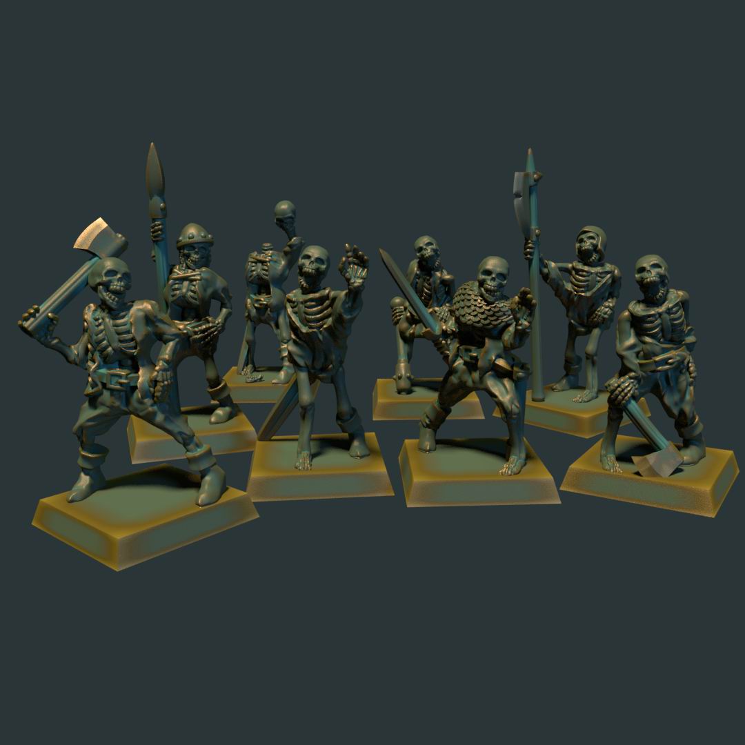 3D-printet sett med åtte bevæpnede skjelettkrigere i grå PLA til D&D og Pathfinder.