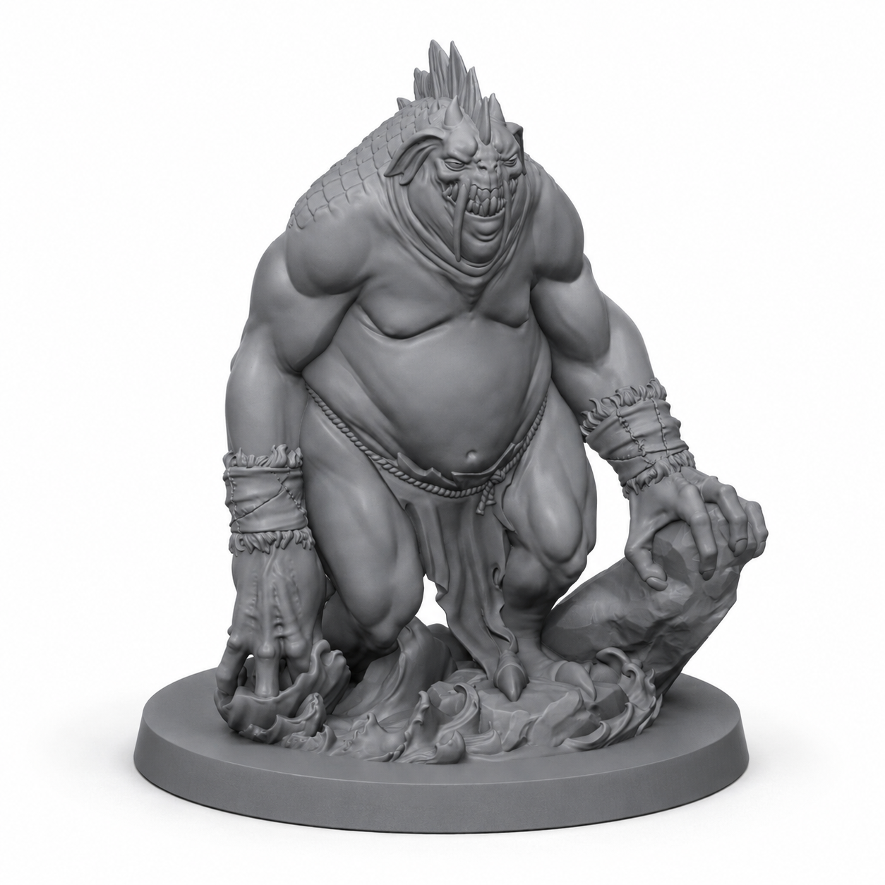 3D-printet Havdjevelkjempe med massiv kropp og sjømonster-preg i grå PLA til D&D og tabletop-rollespill.