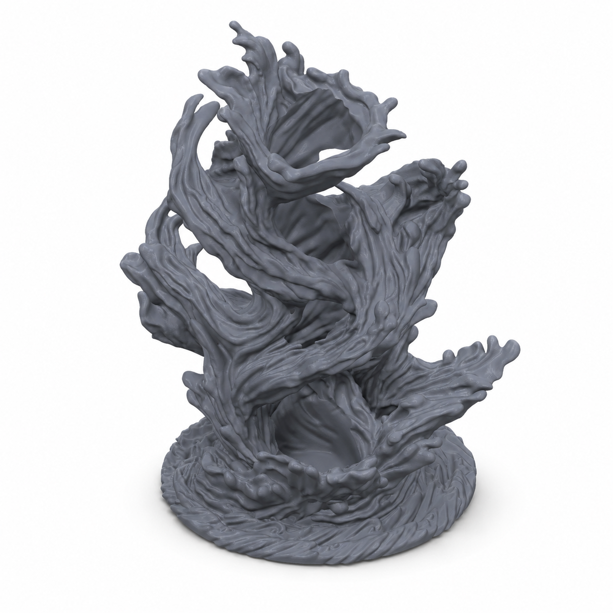 Ocean's Vengeance Dice Tower - terningtårn formet som virvlende bølge, 3D-printet i grå PLA til D&D og rollespill.