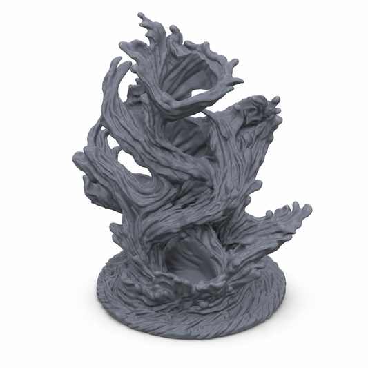 Ocean's Vengeance Dice Tower - terningtårn formet som virvlende bølge, 3D-printet i grå PLA til D&D og rollespill.