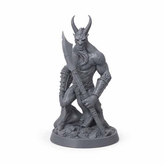 3D-printet Beastman-hodejeger med horn og stor klinge i grå PLA til D&D og tabletop-rollespill.