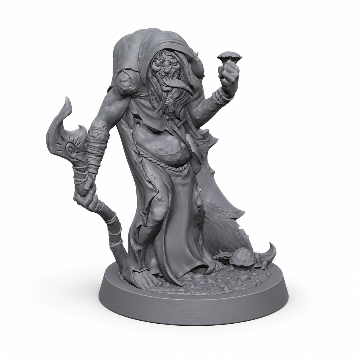 3D-printet Helga – sumpheks med stav, sopp og krokrygget positur i grå PLA til D&D og tabletop-rollespill.