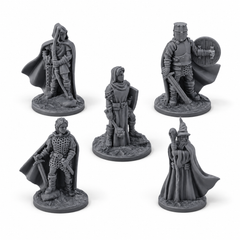 3D-printet sett med fem klassiske eventyrere: kriger, ridder, ranger, vismann og cleric i grå PLA til D&D og Pathfinder.