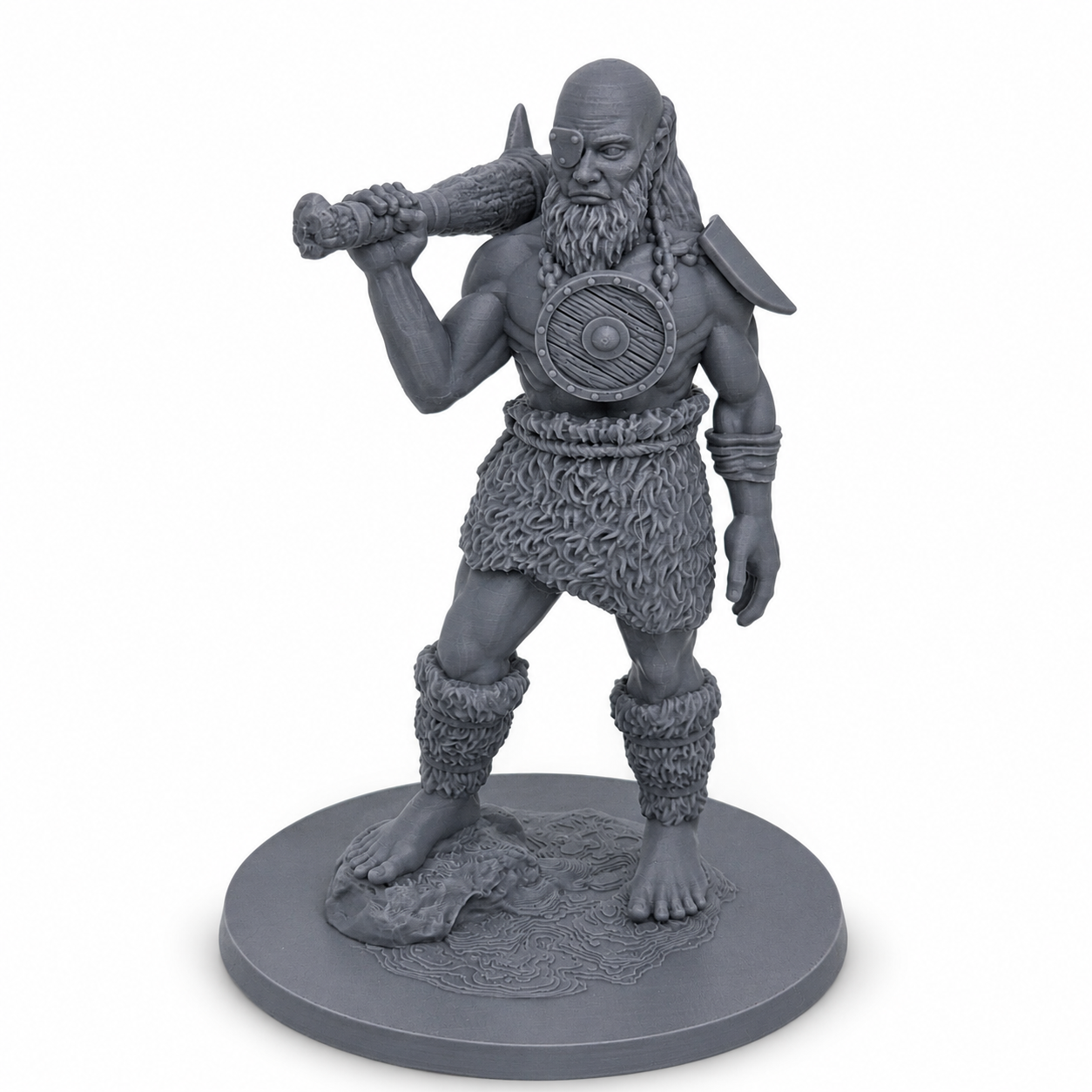 3D-printet Hill Giant kjempeminiatyr i grå PLA til D&D og tabletop-rollespill.
