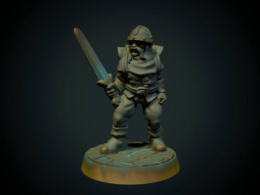 Leiehjelp med sverd, 3D-printet D&D-miniatyr fra Spillsmia.