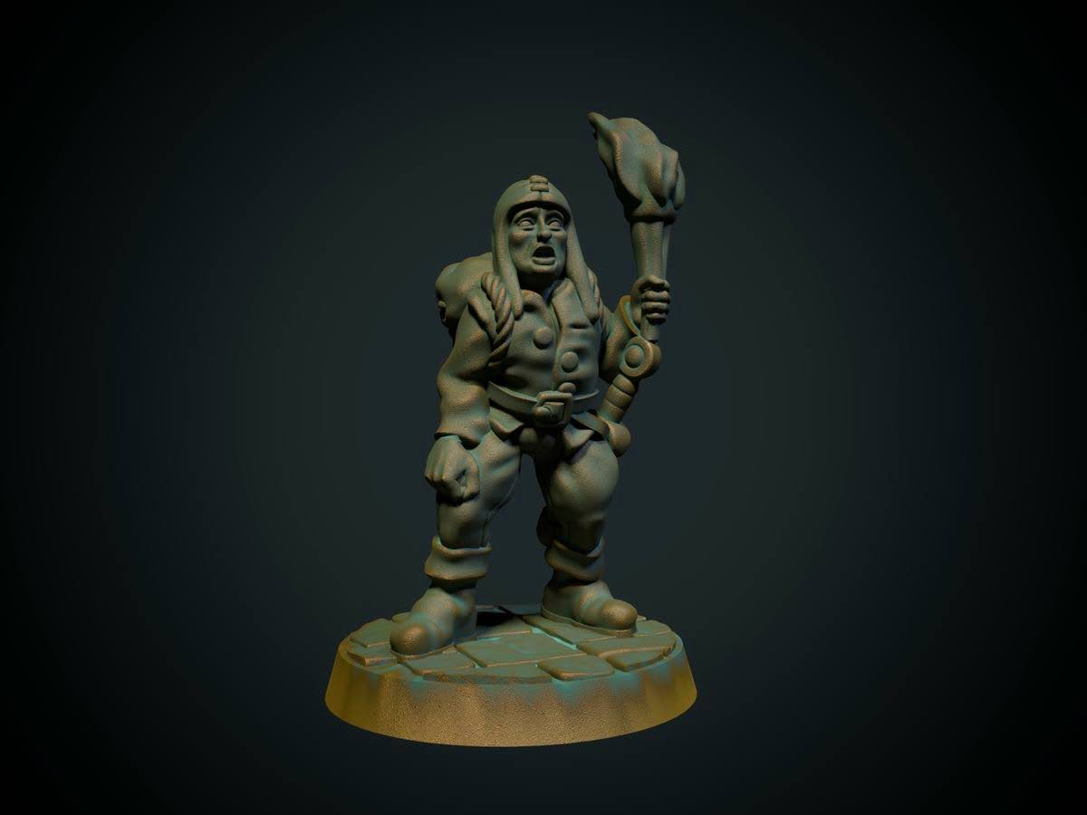Leiehjelp med fakkel, 3D-printet D&D-miniatyr fra Spillsmia.