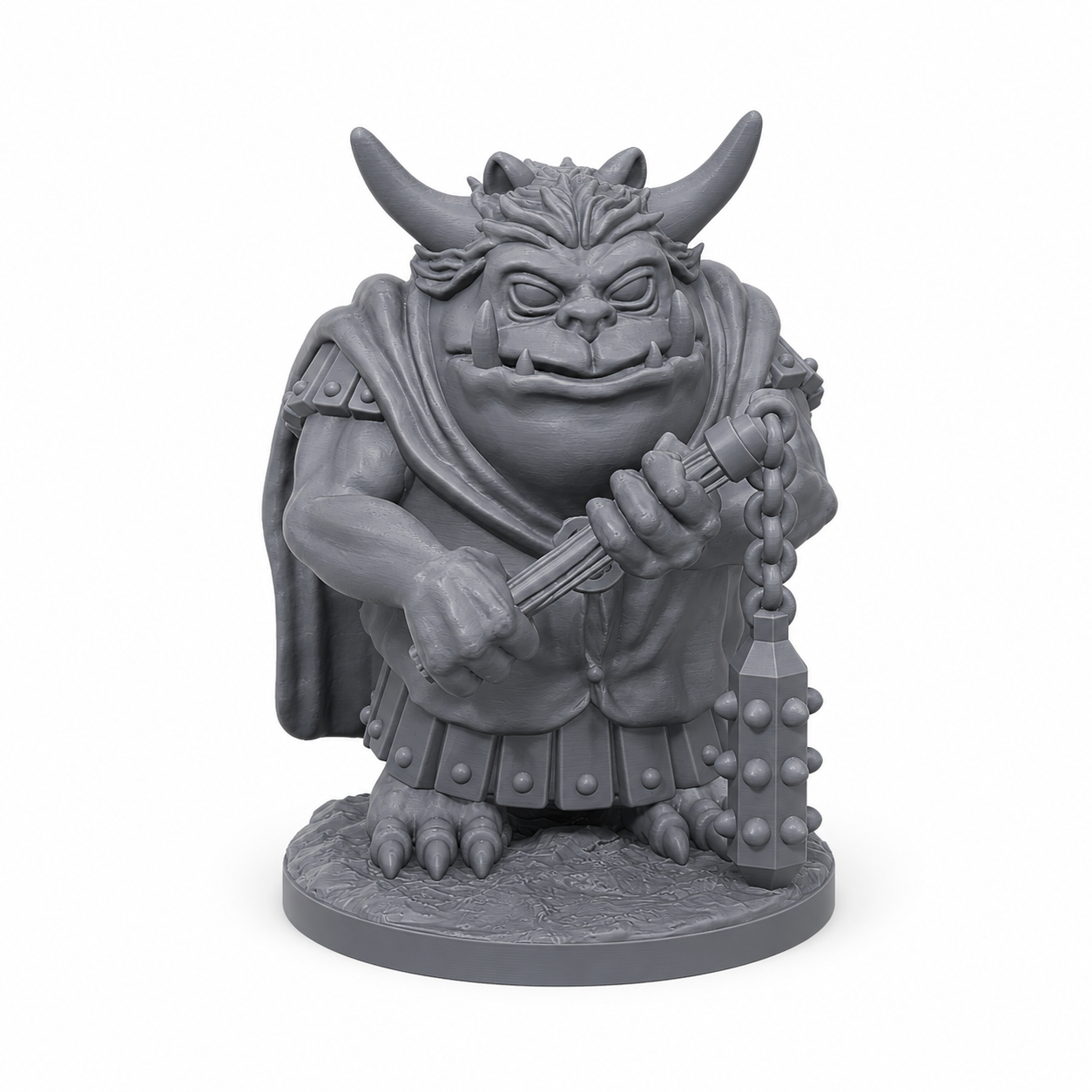 3D-printet Hobgoblin-kriger II med morgenstjerne, rustning og militært preg i grå PLA til D&D og tabletop-rollespill.