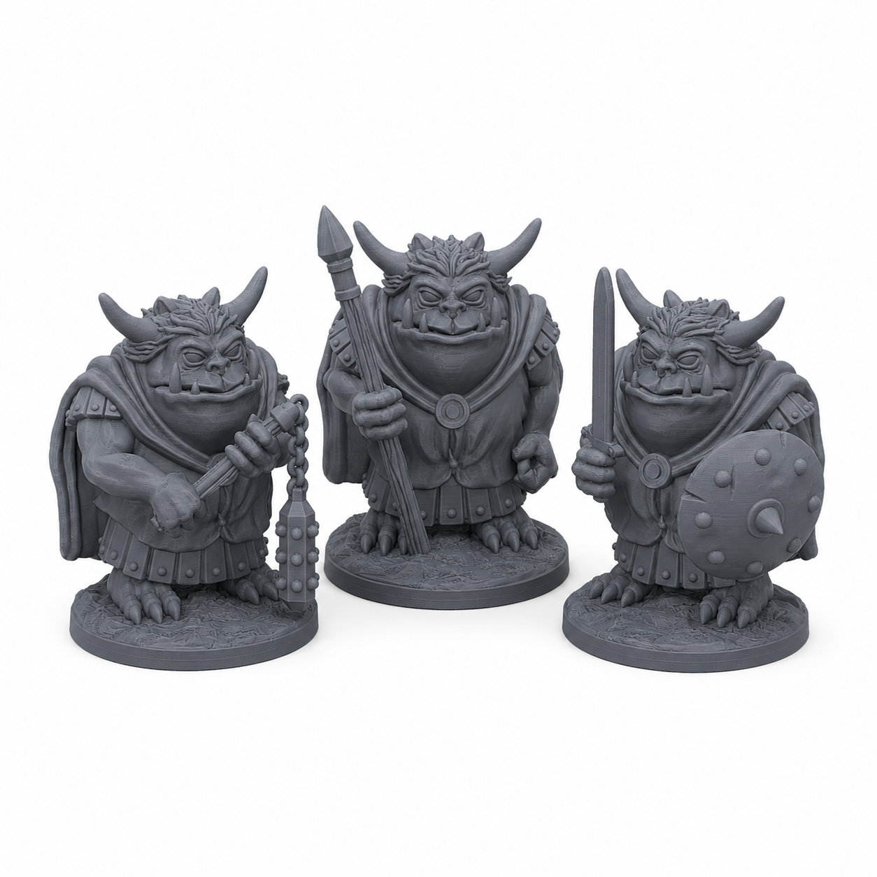 3D-printet Hobgobliner miniatyrsett i grå PLA til D&D og tabletop-rollespill.