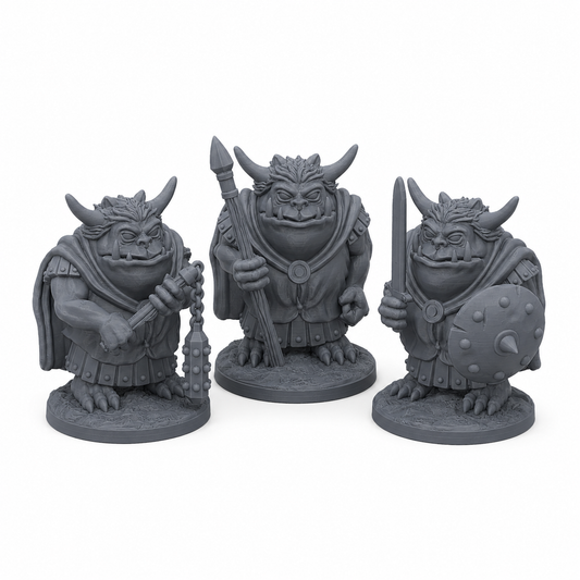3D-printet Hobgobliner miniatyrsett i grå PLA til D&D og tabletop-rollespill.