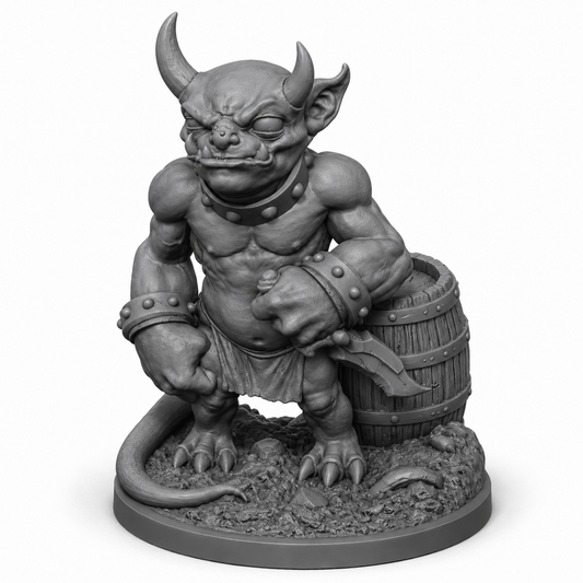 3D-printet Imp monsterminiatyr i grå PLA til D&D og tabletop-rollespill.