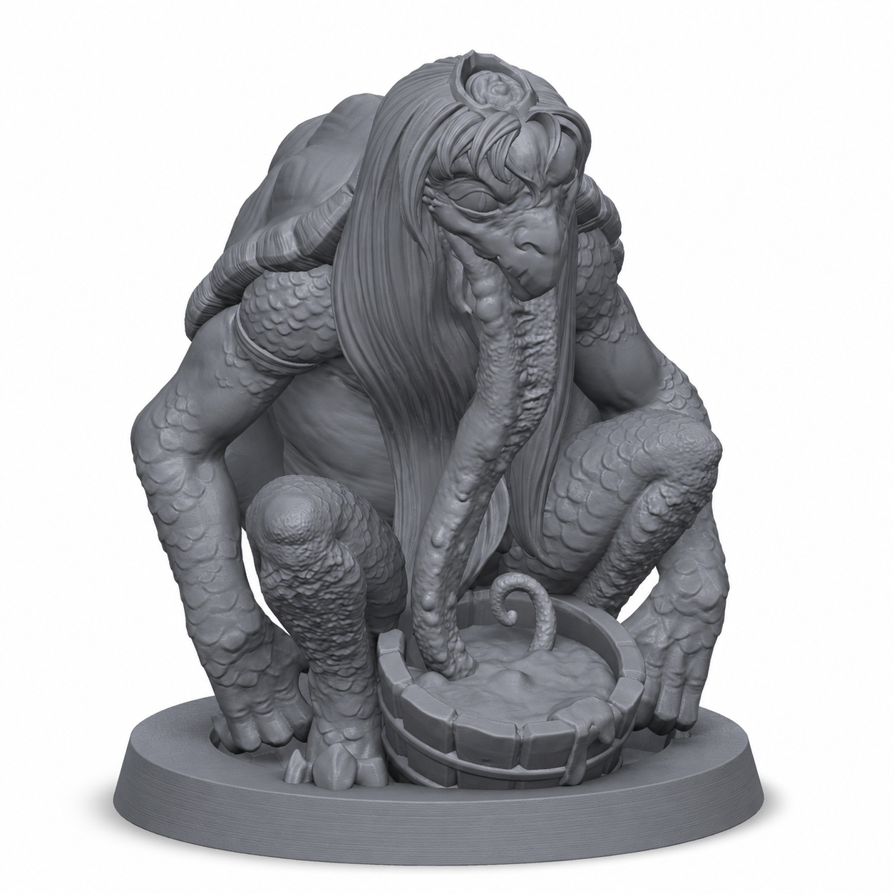 3D-printet Kappa med skilpaddeskall, reptilkropp, langt hår og ritualkar i grå PLA til D&D og tabletop-rollespill.