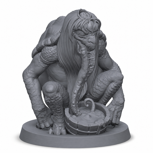 3D-printet Kappa med skilpaddeskall, reptilkropp, langt hår og ritualkar i grå PLA til D&D og tabletop-rollespill.