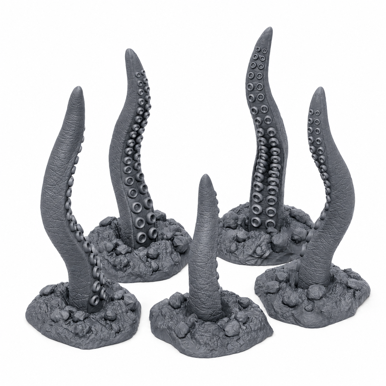 3D-printet Kjempeblekksprut tentakelsett i grå PLA til D&D og tabletop-rollespill.