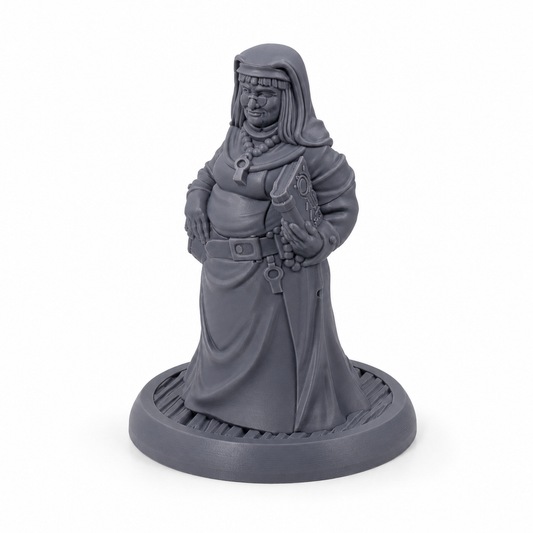 3D-printet klostersøster med kappe, religiøst symbol og bok i grå PLA til D&D og tabletop-rollespill.
