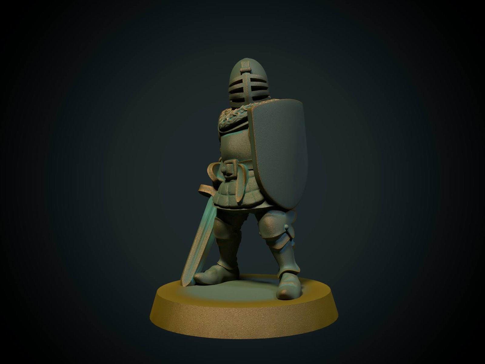 Tre ridderfigurer: to Wolfrib-riddere og en fotridder, 3D-printet D&D-miniatyrsett fra Spillsmia.