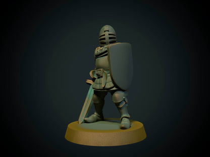 Tre ridderfigurer: to Wolfrib-riddere og en fotridder, 3D-printet D&D-miniatyrsett fra Spillsmia.