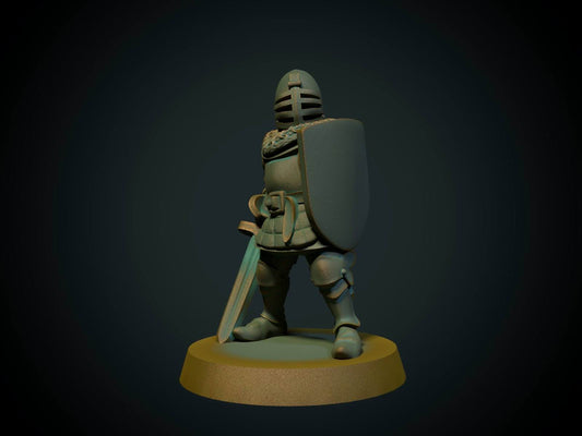 Tre ridderfigurer: to Wolfrib-riddere og en fotridder, 3D-printet D&D-miniatyrsett fra Spillsmia.