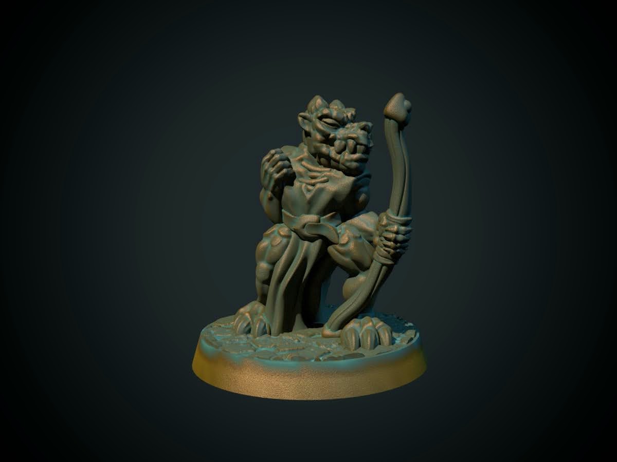 3D-printet kobold med bue i grå PLA til D&D og Pathfinder.