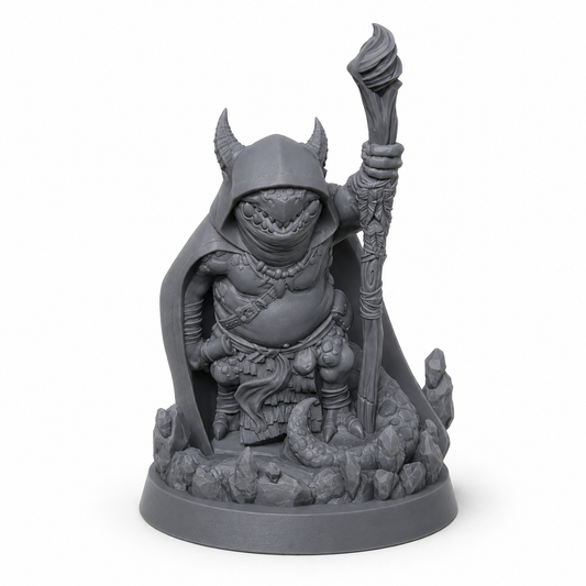 3D-printet Kobold Caster miniatyr i grå PLA til D&D og tabletop-rollespill.