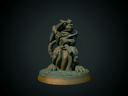 3D-printet kobold med hakke i grå PLA til D&D og Pathfinder.