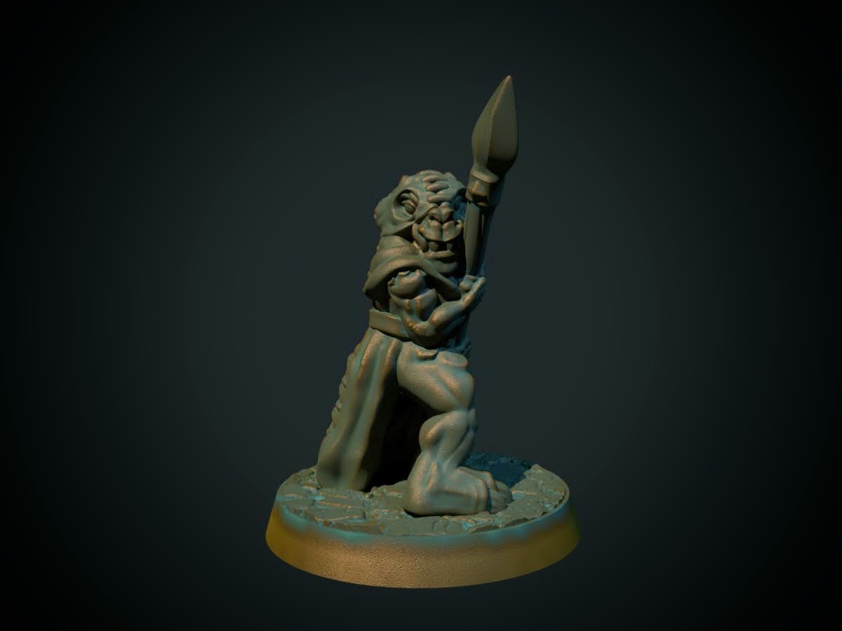 3D-printet kobold med spyd i grå PLA til D&D og Pathfinder.
