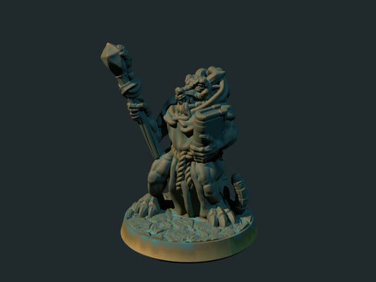 3D-printet kobold-warlock i grå PLA til D&D og Pathfinder.
