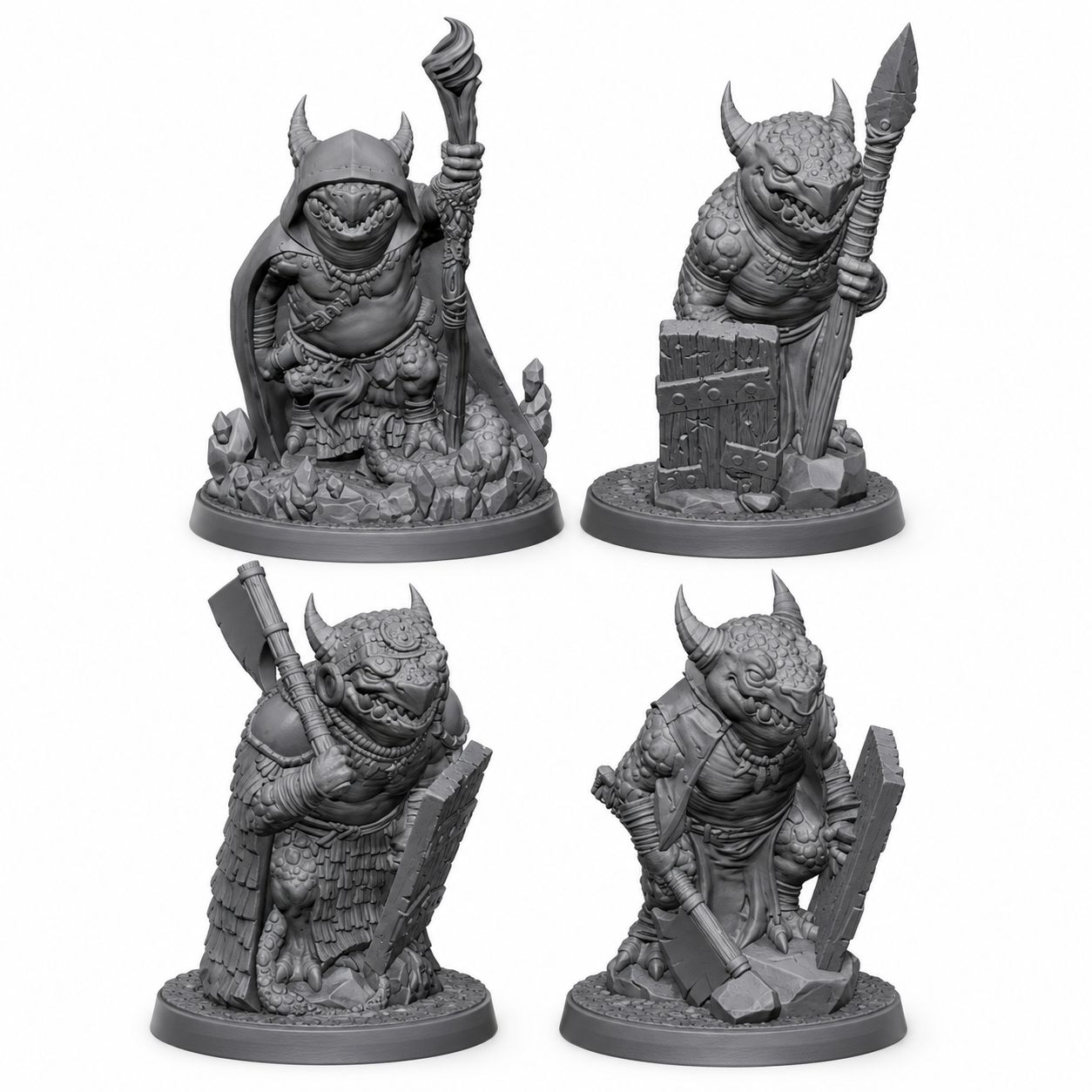 3D-printet Kobolder miniatyrsett med fire kobolder, tre krigere og én caster, i grå PLA til D&D og tabletop-rollespill.