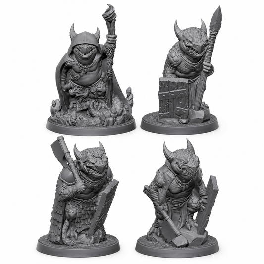 3D-printet Kobolder miniatyrsett med fire kobolder, tre krigere og én caster, i grå PLA til D&D og tabletop-rollespill.